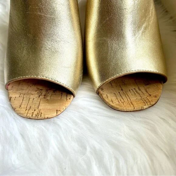 Trina Turk Gold Metallic Leather Cork Heel Mule Sandal Pink Sole - Picture 4 of 9